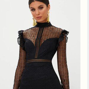 Small Black Lace Chiffon Frill Detail Bodycon Dress